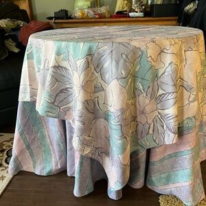 Vintage Floral Pastel Cotton Tablecloth 72” Square; Layered On 94” Round Stripe